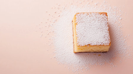 A delectable square cake dusted with powdered sugar, perfect for desserts or celebrations. The soft texture and creamy flavor make it an ideal treat.の素材