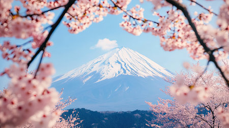 A breathtaking view of Mount Fuji surrounded by pink cherry blossom trees, capturing the essence of spring in Japan. Ideal for travel and nature enthusiasts.の素材