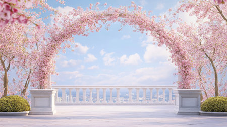 This breathtaking scene features a beautiful blossom arch framing a dreamy view. The soft pink flowers against a clear blue sky create a serene and tranquil outdoor setting.の素材
