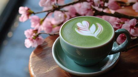 This captivating image features a beautifully crafted matcha latte with floral art, set against a backdrop of delicate cherry blossoms, evoking springtime bliss.の素材