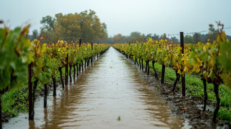 A serene view of lush vineyard rows submerged in rainwater creates a tranquil atmosphere. The cloudy skies reflect on the water, showcasing nature's beauty.の素材