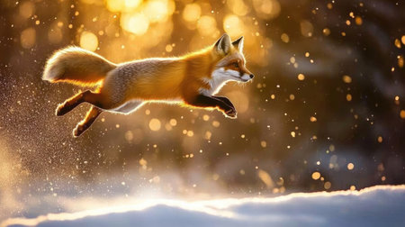 A stunning image of a beautiful fox leaping through snow at sunset, showcasing vibrant colors and a magical bokeh effect in the background. This captivating wildlife scene captures the essence of freedom and grace in nature.の素材