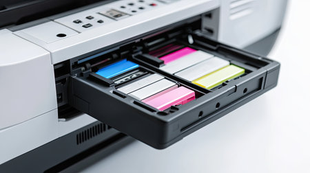 Close-up view of an opened printer drawer displaying colorful ink cartridges ready for replacement, showcasing modern printing technology and office equipment design.の素材