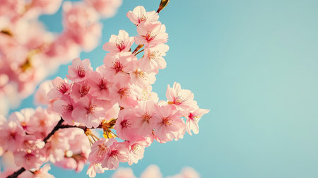 A stunning view of vibrant pink cherry blossoms captured against a soft blue sky, evoking feelings of spring and serenity, perfect for nature lovers.の素材