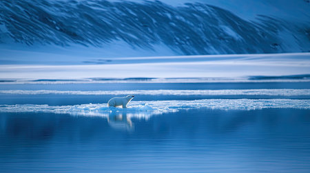 A majestic polar bear stands on a solitary iceberg in the tranquil arctic waters, showcasing the beauty of nature in a winter setting filled with icy blues.の素材