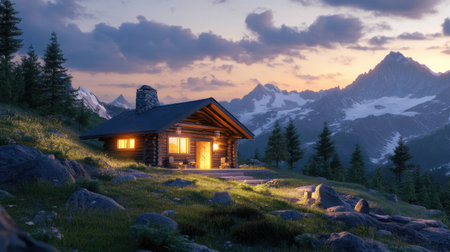 A cozy timber cabin nestled in stunning mountain scenery, glowing warmly at dusk. Ideal for those seeking tranquility and connection with nature.の素材