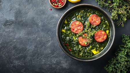 Delicious vegetable soup featuring sausage slices, fresh herbs, and vibrant colors, perfect for a comforting meal. Ideal for cooking enthusiasts or healthy lifestyle.の素材