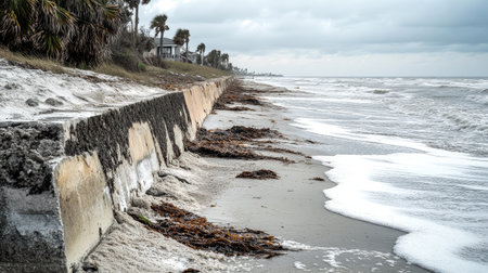 This image captures a scenic oceanfront view showcasing erosion along the beach with seaweed and gentle waves under a moody, cloudy sky.の素材