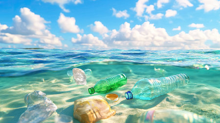 A serene underwater scene of the ocean floor showing plastic bottles among sand. This image highlights the ongoing issue of marine pollution and the need for environmental awareness.の素材