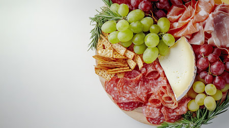 A vibrant charcuterie board featuring an assortment of cheese, fresh fruits, and cured meats. Perfect for gatherings, parties, and special occasions, it showcases a delightful mix of textures and flavors.の素材