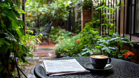 A peaceful garden cafe scene featuring a cup of coffee and an open newspaper on a table surrounded by lush greenery, perfect for relaxation and leisure.の素材