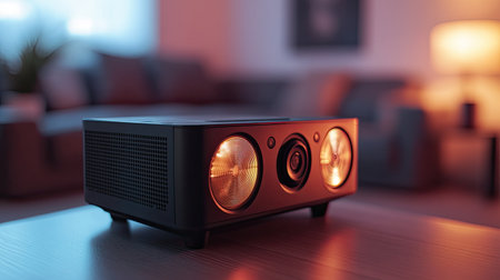 A sleek multimedia speaker featuring ambient lighting, perfect for enhancing any cozy living room. Ideal for entertainment and creating a warm atmosphere.の素材