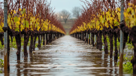 A serene view of a flooded vineyard with yellowing leaves, showcasing rows of grapevines submerged in water, evoking a tranquil autumn atmosphere.の素材