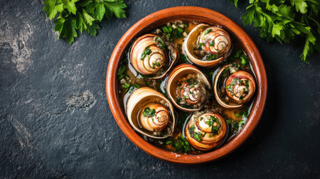 Savory snails served in a rich garlic herb butter sauce, beautifully presented in a rustic dish. Perfect for gourmet meals and elegant dining settings.の素材