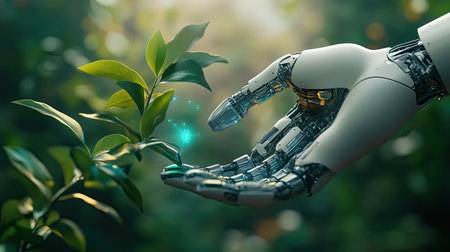 A futuristic robot hand gently interacts with a vibrant green leaf, showcasing the harmony between technology and nature. The moment is filled with sparkles, symbolizing innovation and life.の素材