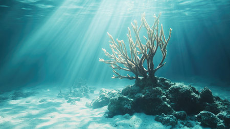 Explore a tranquil underwater scene featuring a coral formation bathed in beams of sunlight. The serene environment showcases the beauty of marine life and the vibrant ecosystem below the water's surface.の素材