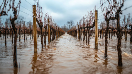 A flooded vineyard shows wine grapevines submerged in water, creating a striking landscape. The cloudy sky adds a somber mood to the scene of agriculture.の素材