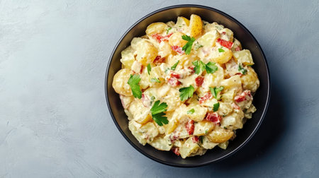 Enjoy a vibrant bowl of creamy potato salad, featuring fresh vegetables and herbs. Perfect for summer meals, picnics, or casual dining. A nutritious choice!の素材