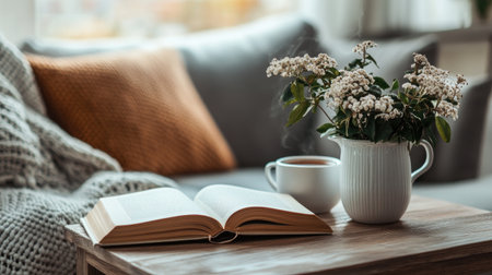 A serene living room setting featuring an open book on a wooden table, a steaming cup of coffee, and delightful fresh flowers in a white pitcher, creating a warm and inviting atmosphere.の素材