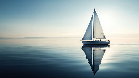 A solitary sailboat gracefully navigates the smooth surface of the water at dawn or dusk, creating a serene and tranquil atmosphere perfect for meditation and reflection.の素材