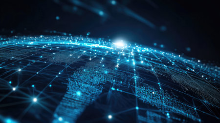 A stunning representation of a digital global network, showcasing blue connections and bright light effects over a world map. Ideal for tech and communication themes.の素材