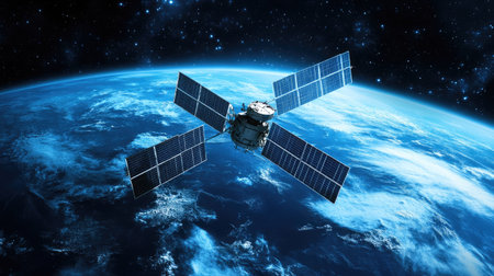 A high-definition image of a satellite orbiting Earth, showcasing advanced technology in space exploration with a mesmerizing cosmic backdrop. Perfect for science and technology themes.の素材
