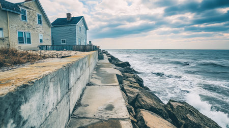 A picturesque coastal pathway lined with homes near a rocky shore, waves gently crashing under a cloudy sky, creating a serene outdoor atmosphere.の素材