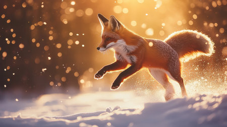 A stunning moment captured of a fox leaping through fresh snow, surrounded by a magical winter landscape illuminated by soft sunlight, showcasing nature's beauty.の素材