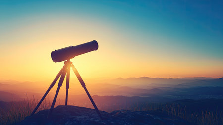A stunning silhouette of a telescope standing on a rocky ledge at sunrise, with vibrant colors painting the sky. This image captures the essence of exploration.の素材