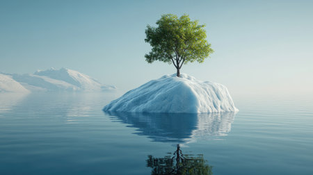 A solitary green tree thrives on a small snow-covered island surrounded by calm waters. This ethereal landscape evokes tranquility and the beauty of nature.の素材