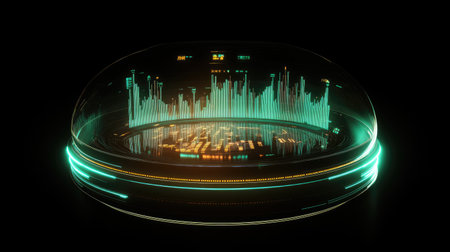 Explore a mesmerizing futuristic data visualization sphere, featuring vibrant neon lights and intricate graphics. Ideal for technology and innovation themes.の素材
