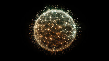 This image showcases an abstract glowing sphere filled with intricate network connections, symbolizing digital innovation and technological advancements in a dark setting.の素材
