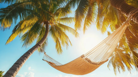 A serene hammock sways gently between palm trees under a brilliant sunny sky, offering a perfect escape for relaxation and tranquility in a tropical paradise.の素材