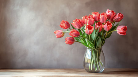 A vibrant bouquet of fresh pink tulips in a clear glass vase sits elegantly on a wooden table, embodying beauty and freshness perfect for home decor.の素材
