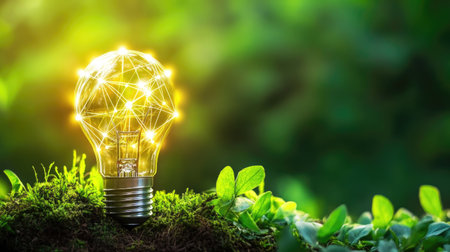 A glowing light bulb rests on moss, symbolizing innovation and nature. This serene scene combines technology and the beauty of the natural world, ideal for eco-themed projects.の素材