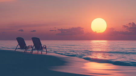 Enjoy a peaceful scene of beach chairs on a shore during a stunning sunset, with vibrant colors reflecting on calm ocean waves, perfect for relaxation.の素材