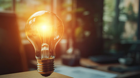 A glowing light bulb symbolizes creativity and innovation in a modern workspace. The soft light enhances the atmosphere, creating an inspiring environment.の素材