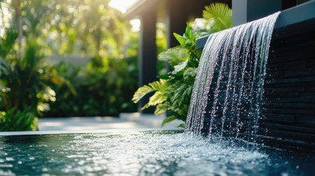 A peaceful waterfall cascades into a stunning pool, surrounded by vibrant greenery and illuminated by gentle sunlight, creating a serene outdoor escape.の素材
