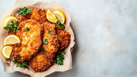 Indulge in crispy fried chicken cutlets garnished with fresh lemon and parsley. Perfect for lunch or a dinner gathering, this dish combines comfort and flavor.の素材