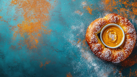 An inviting pastry filled with creamy pumpkin, beautifully presented on a textured, colorful background. Perfect for a cozy autumn treat.の素材