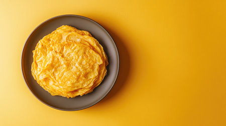 A fluffy omelet sits on a dark plate, displayed against a vibrant yellow background, highlighting its soft texture and inviting appeal for breakfast lovers.の素材