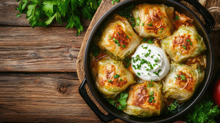 Delight in a serving of savory stuffed cabbage rolls topped with creamy sauce and fresh herbs, perfect for a comforting meal shared with loved ones.の素材