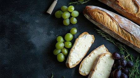 An inviting display of fresh bread, creamy cheese, and grapes set against a dark background, perfect for culinary inspirations and gourmet presentations.の素材