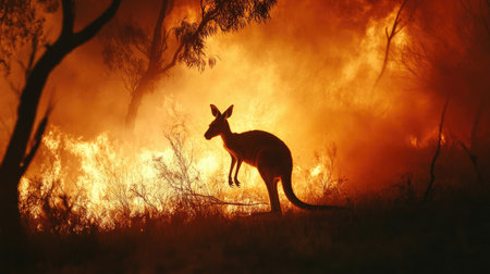 A striking silhouette of a kangaroo stands against a backdrop of raging flames and thick smoke, highlighting the intense impact of bushfires on wildlife.の素材