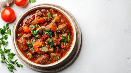 A comforting homemade stew filled with tender meat and vibrant vegetables, garnished with fresh herbs. Perfect for a hearty meal any time of year.の素材