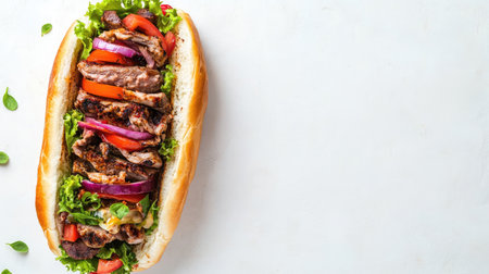 A delicious grilled meat sandwich packed with fresh vegetables and greens, perfect for lunch, dinner, or a flavorful snack. Ideal for various occasions.の素材