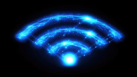 This vibrant abstract image features a glowing Wi-Fi symbol, beautifully rendered in blue light against a black background, representing modern connectivity and technology.の素材