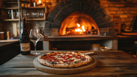 A mouthwatering wood-fired pizza rests on a wooden table, with a glass of wine beside it. The warm atmosphere features a crackling fire, perfect for a cozy dining experience.の素材