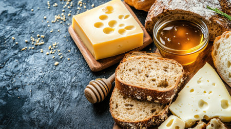 Delight in the simplicity of fresh bread and cheese, complemented by a honey drizzle. Perfect for rustic meals or elegant gatherings, this arrangement highlights rich textures and flavors.の素材