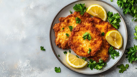 Enjoy the delightful crispy breaded chicken cutlets served with fresh lemon slices and vibrant parsley. Perfect for a delicious meal or dinner.の素材